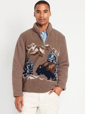 Old Navy Brown Sherpa Quarter-Zip Sweater with Bison & Mountain Motif
